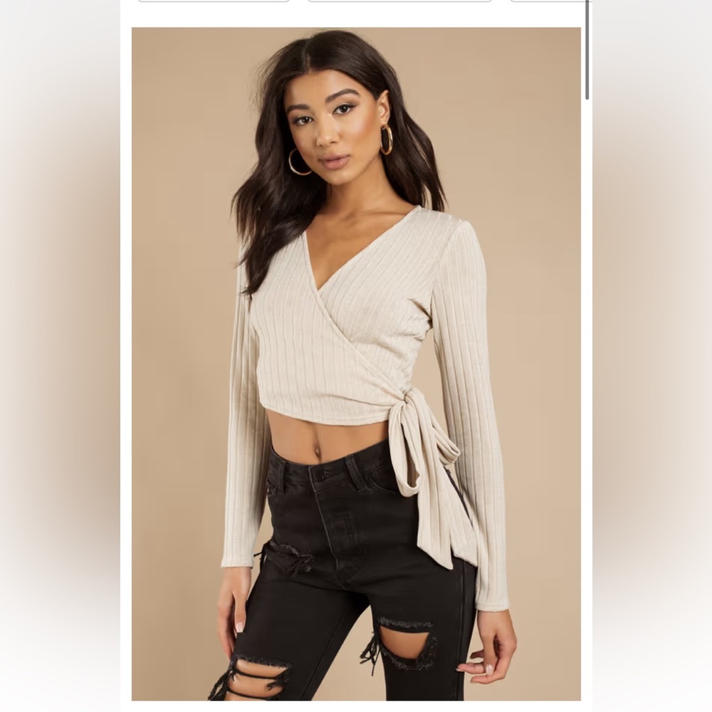 Tobi Tan Knit Cropped Wrap Long Sleeve Sweater Size Small